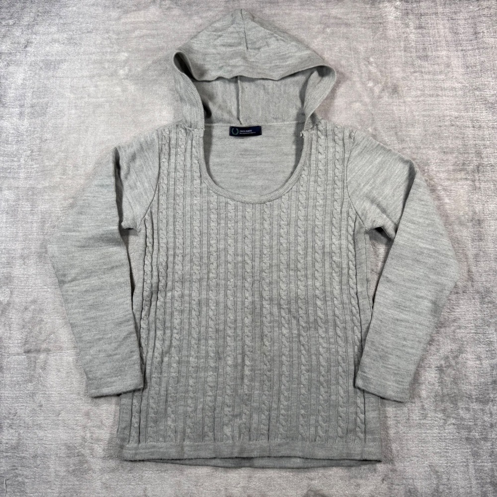 Fred Perry Sweater Womens Medium Gray Cable Knit Hooded Scoop Neck Pullover